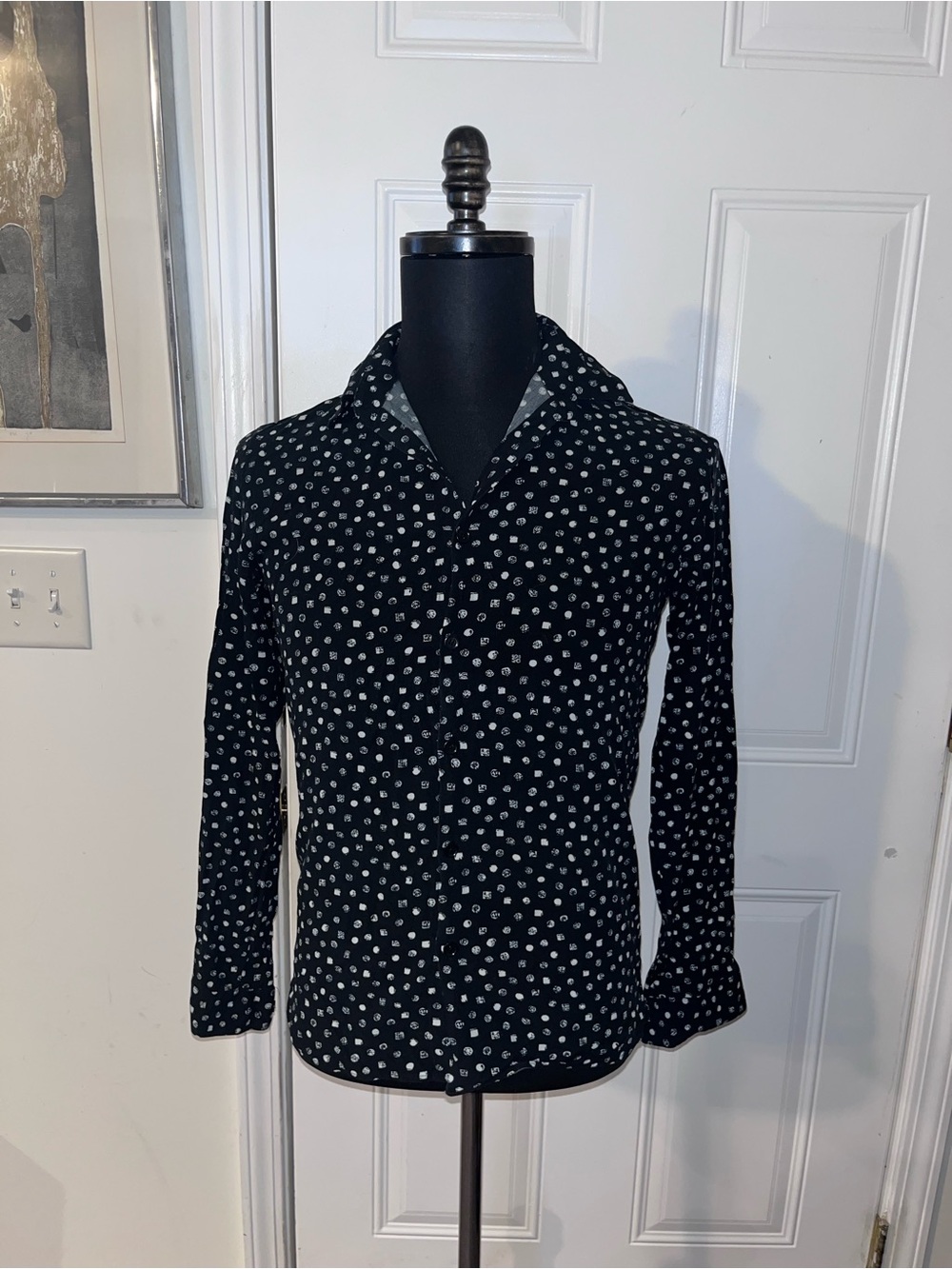 The Kooples Men's Black Long-Sleeve Button-Up Shirt White Polka Dot Pattern